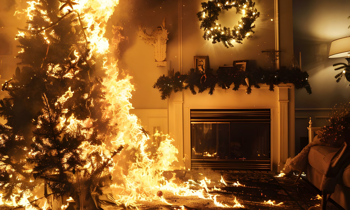 Fire damage from Christmas Tree